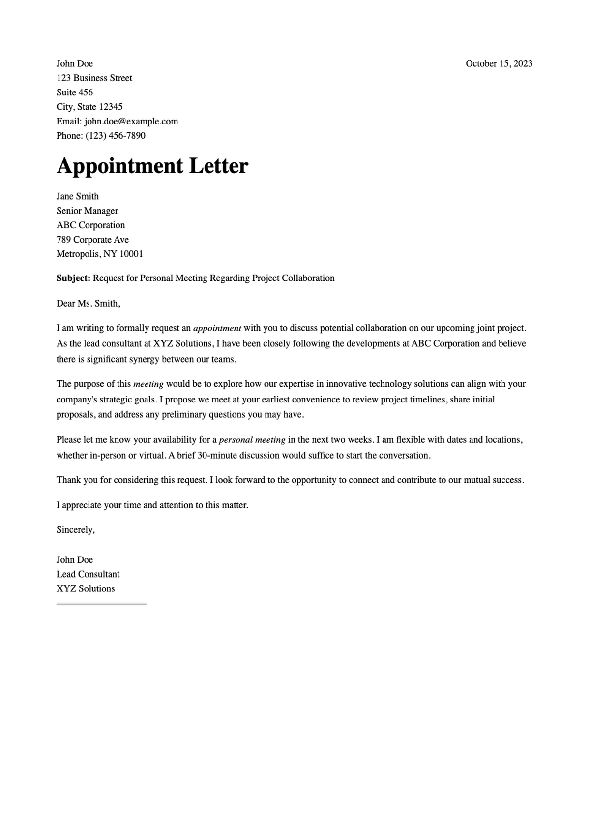 Formal request for meeting appointment letter sample_variant_2